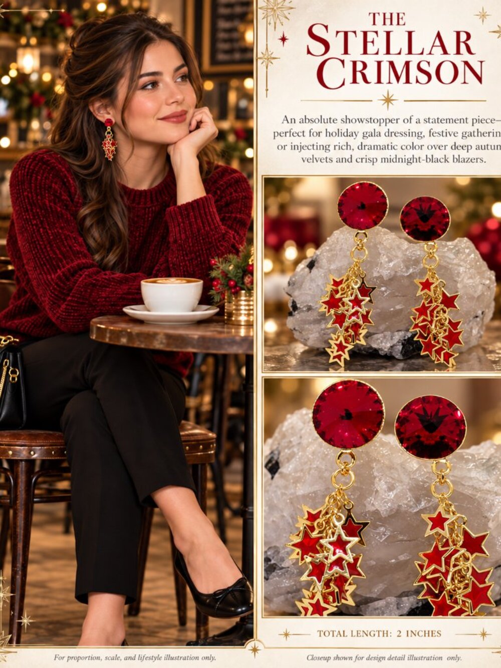 Artisan Handcrafted Ruby Red Celestial Star Cascade 1 1/2-inch Drop Earrings